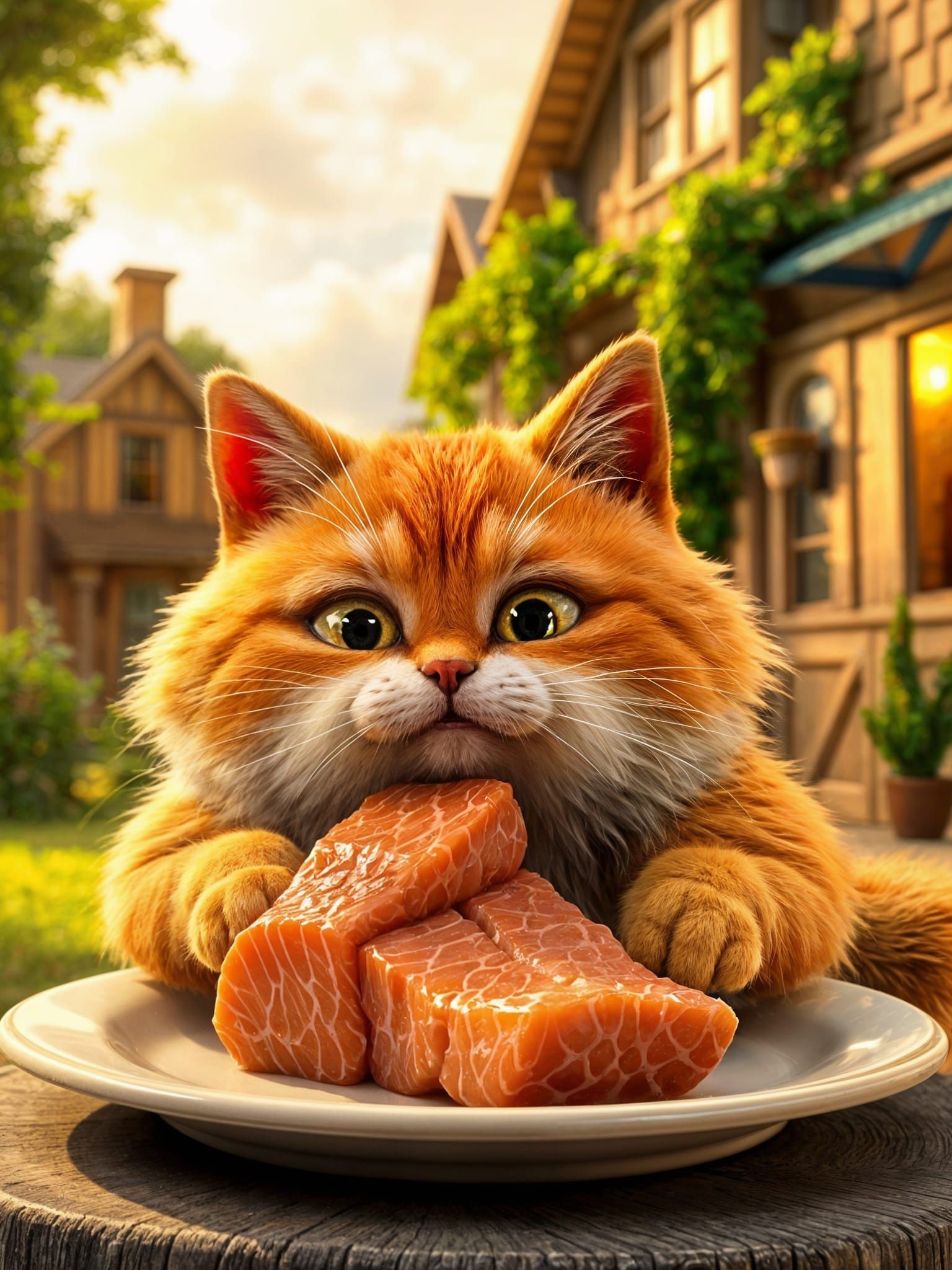 Chubby Cat Savoring Salmon: 3D Rendered Cartoon
