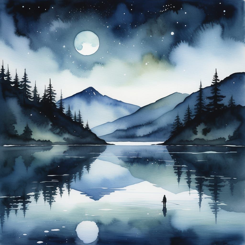 Starlit Sky Reflected in Lake, Watercolor Art