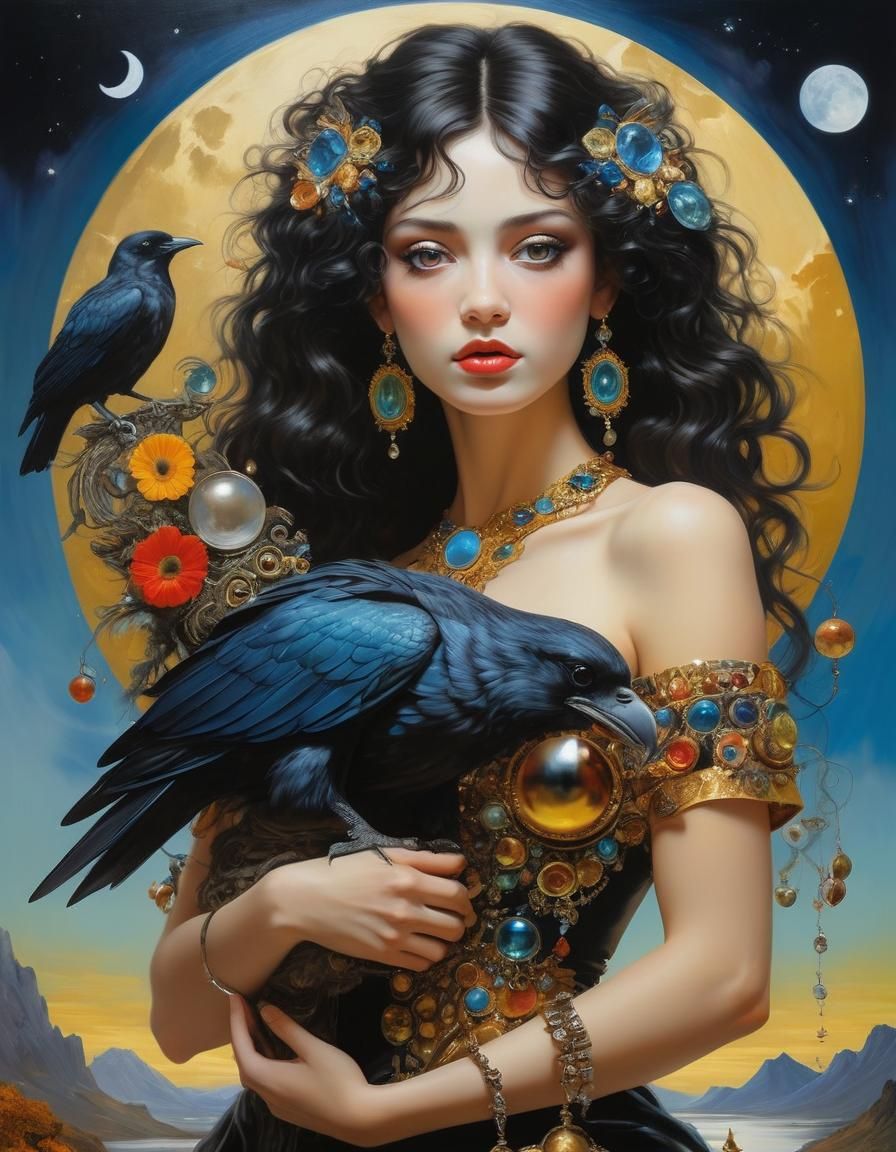 Raven Held by Wild Child, Surreal Enamel Art