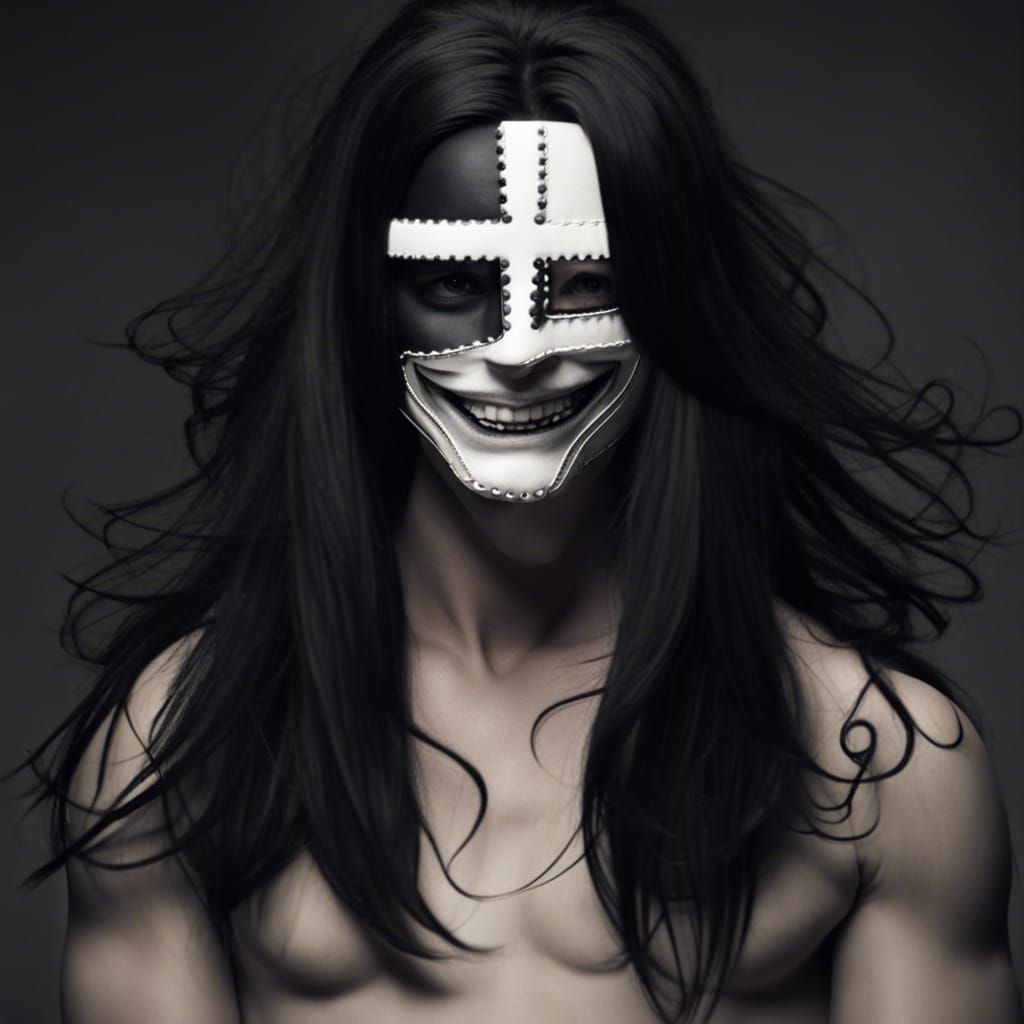 Masked Figure with Stitched Smile and Long Hair