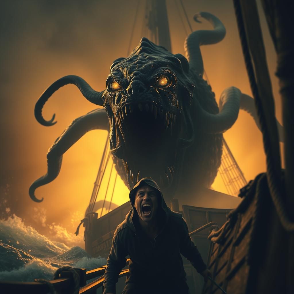 Terrifying Creature Attacks Ship in Matte Painting Style