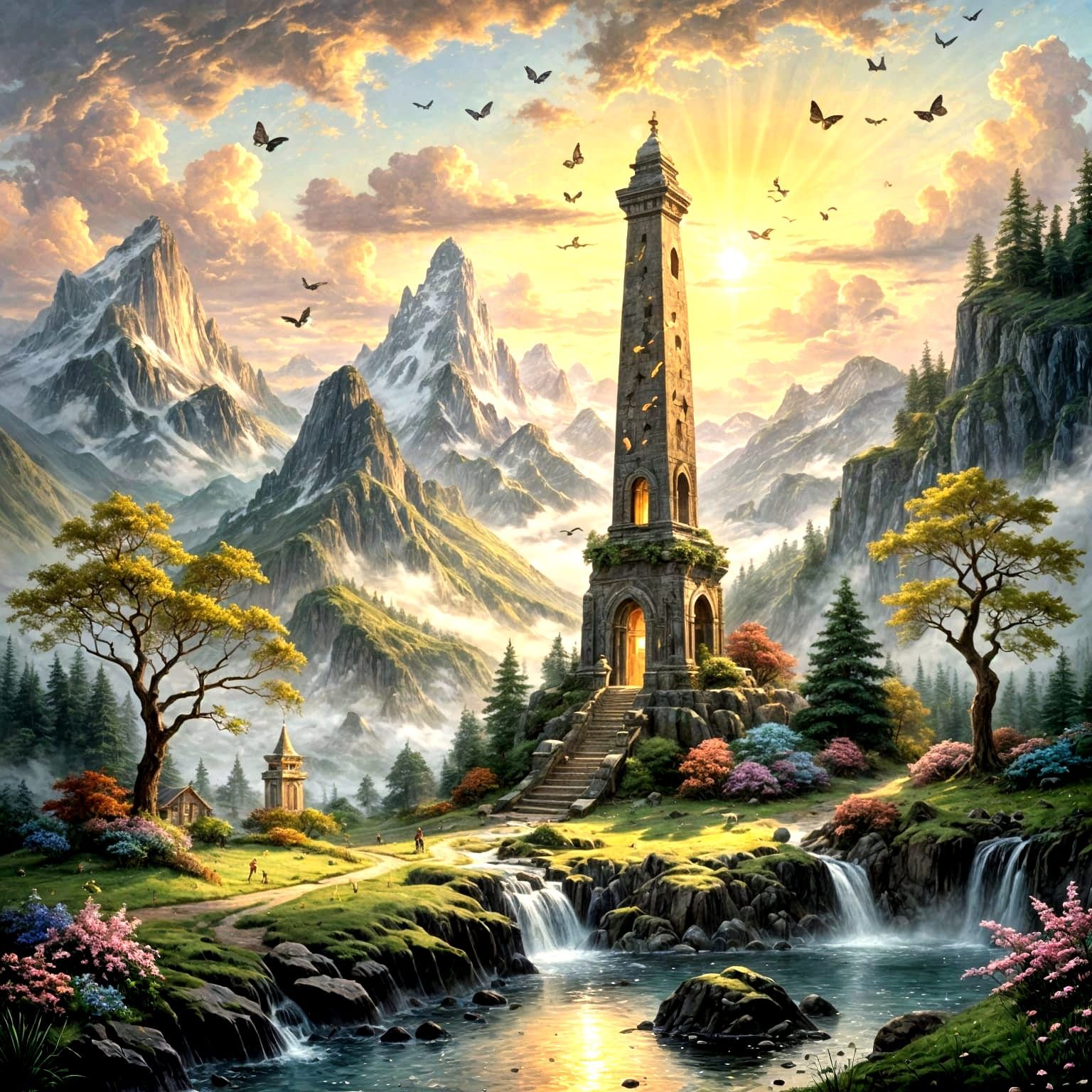 Dreamlike Floating Islands with Glowing Obelisk