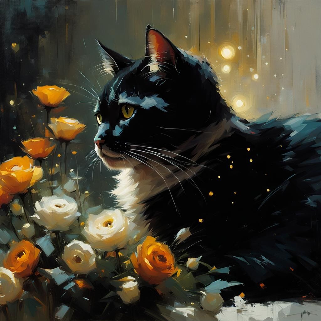 Cat Surrounded by Flowers: Impressionistic Expressionism