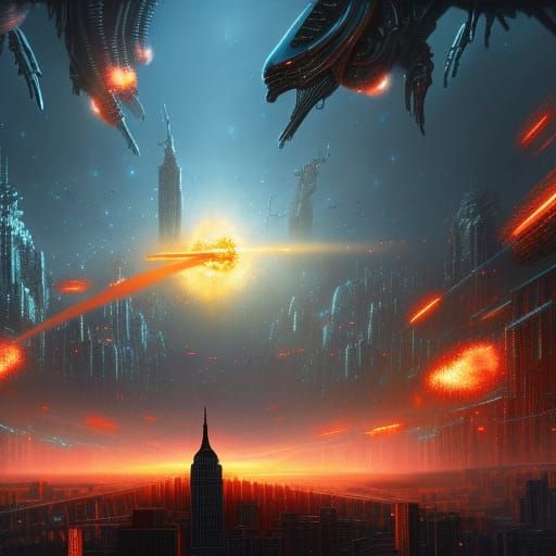Mechanized God Attacks Alien Ships in NYC