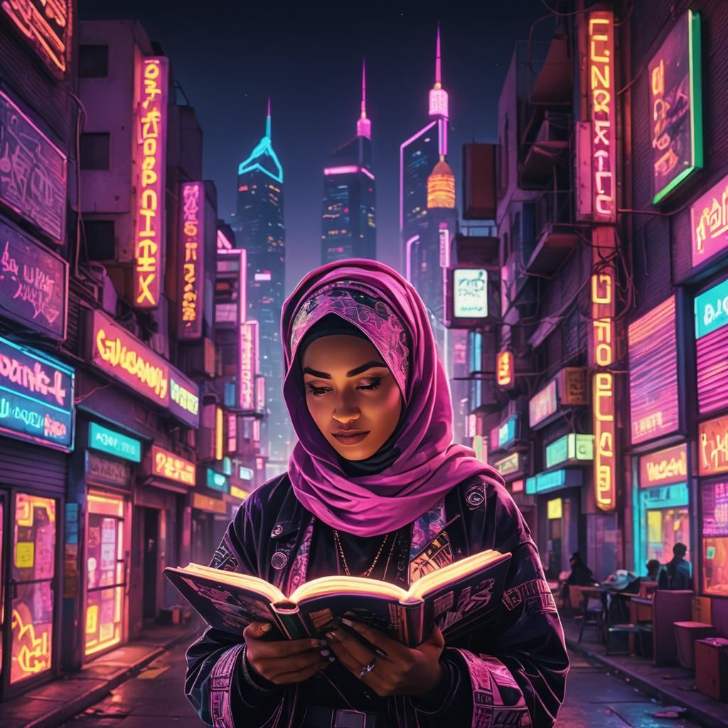 Batik Punk Woman in Synthwave Cityscape