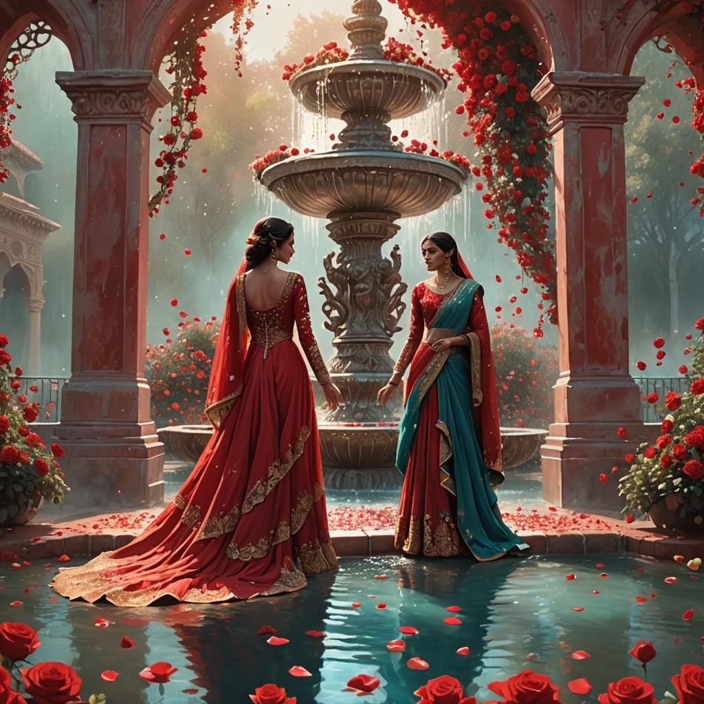 Woman in Red Dress at Rose Fountain