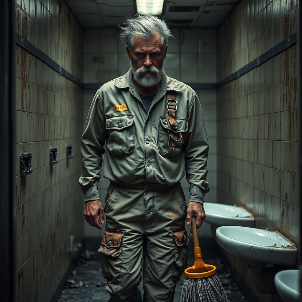 Weathered Janitor in Grimy Locker Room