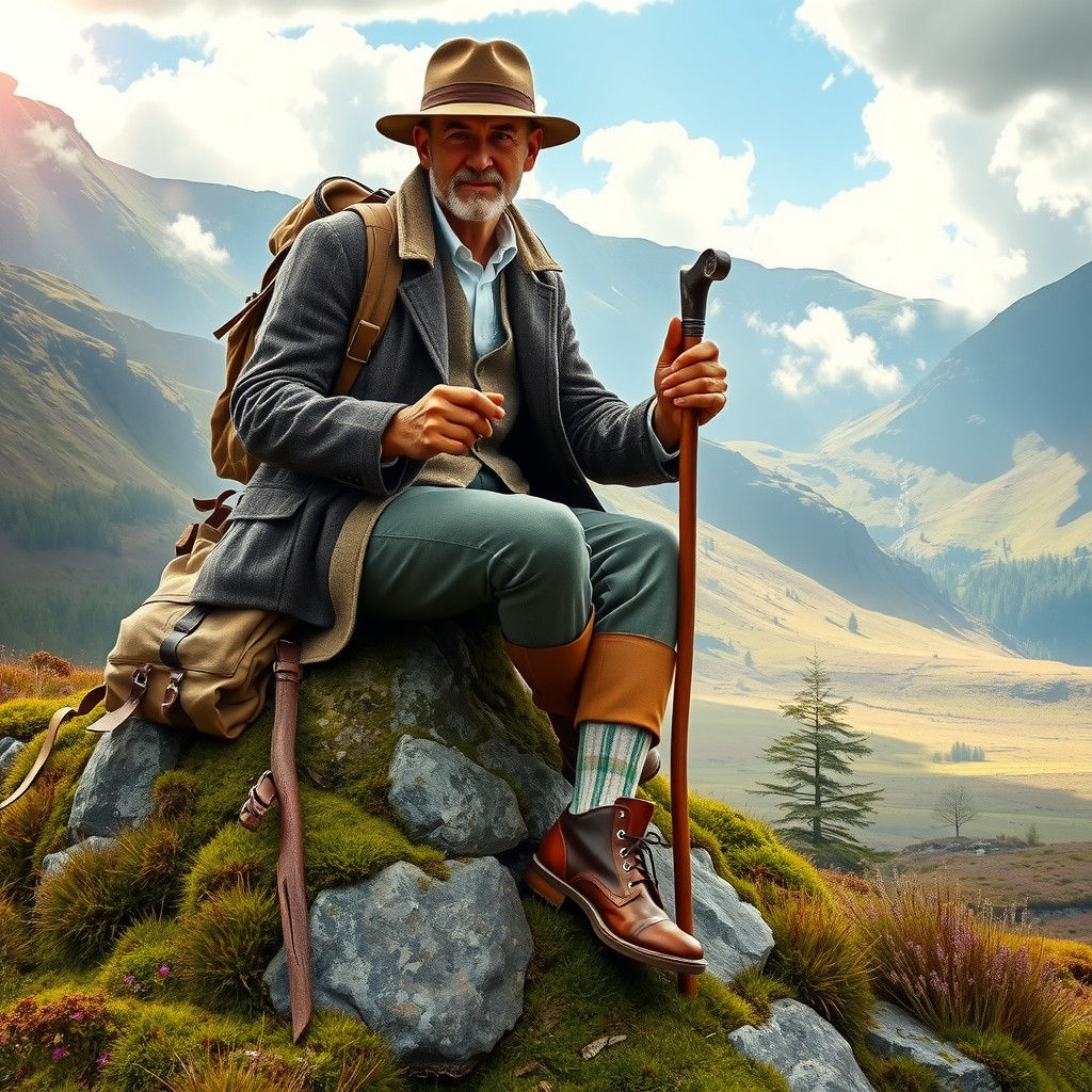 Edwardian Hiker Resting in Scottish Highlands