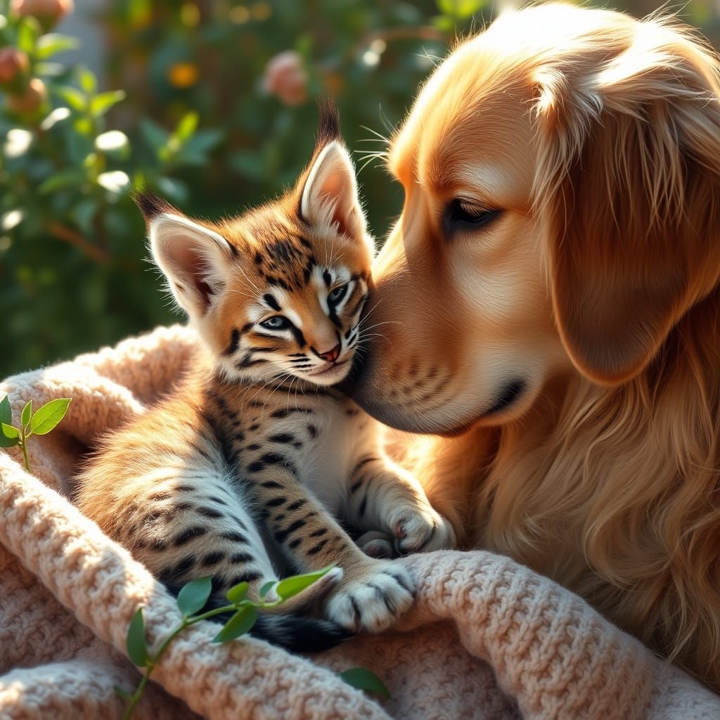 Lynx Cub Cuddles Retriever Mom in Storybook Scene