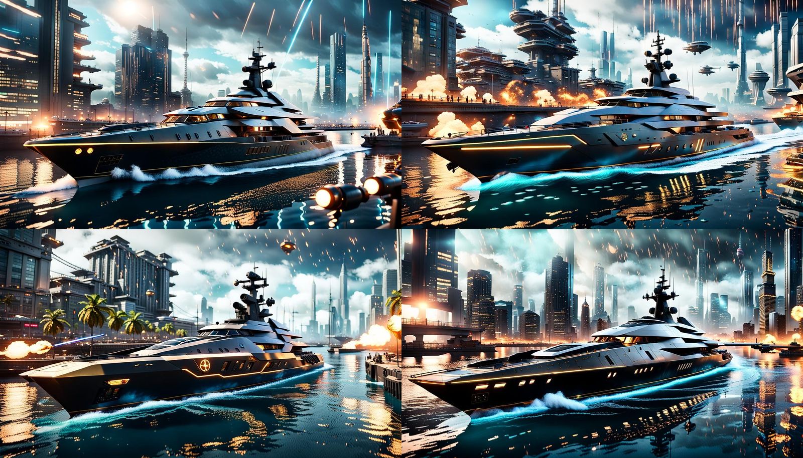 Hyperrealistic War Yacht Aqua Bulla in Bombarded City