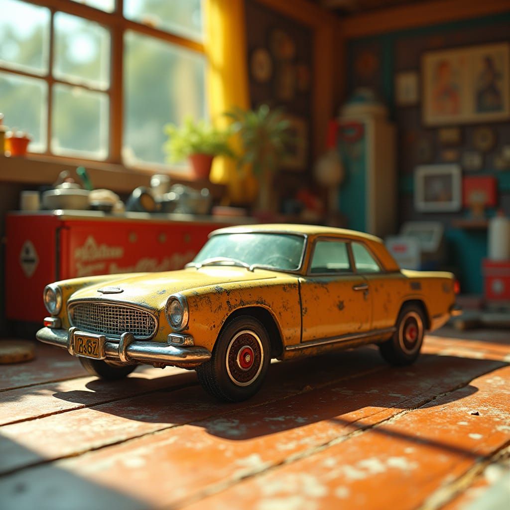 Retro Matchbox Car on Toy Garage Floor