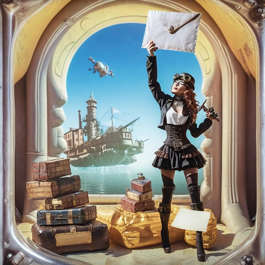 Woman Smelling Inflatable Mattress in Steampunk Film Still