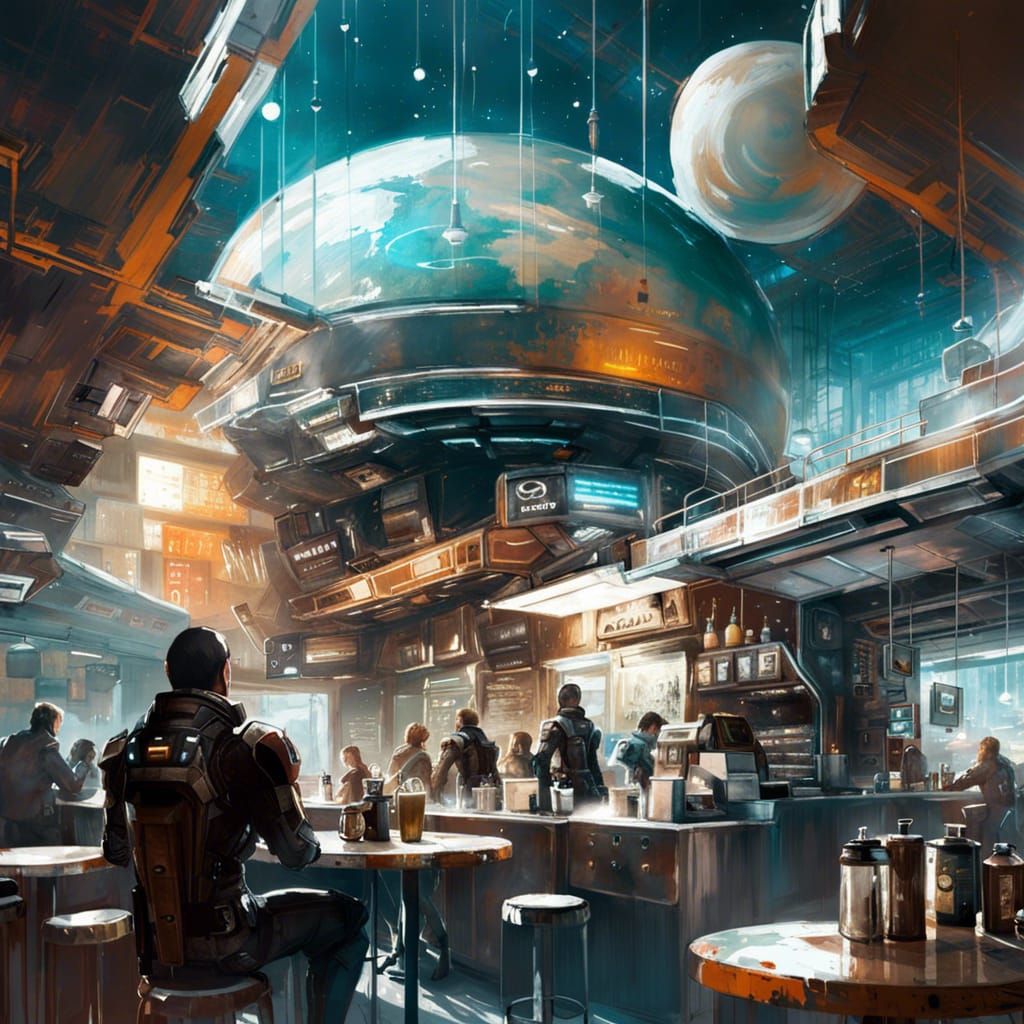 Futuristic Coffee Shop in Space as Digital Art