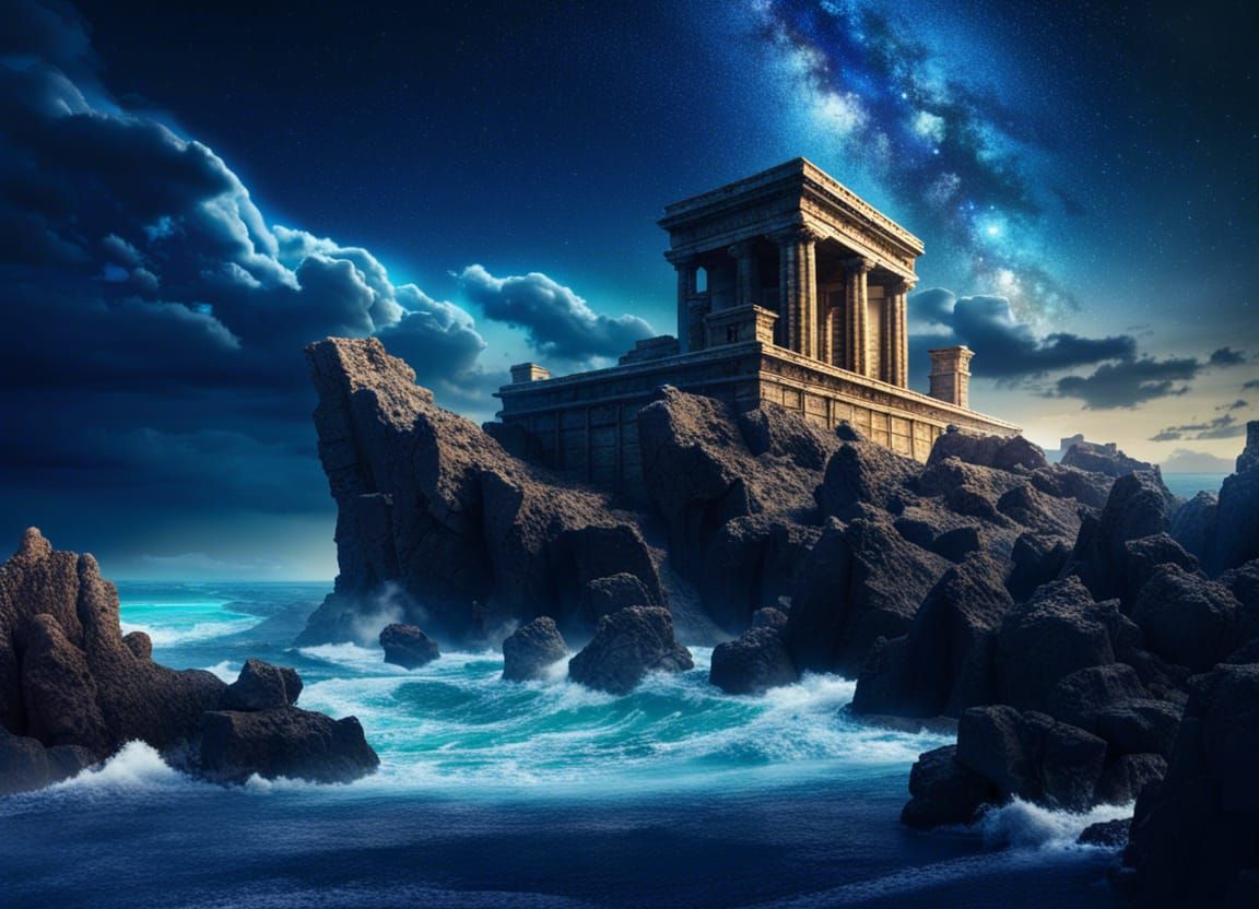 Atlantis Ruins at Night Under Milky Way