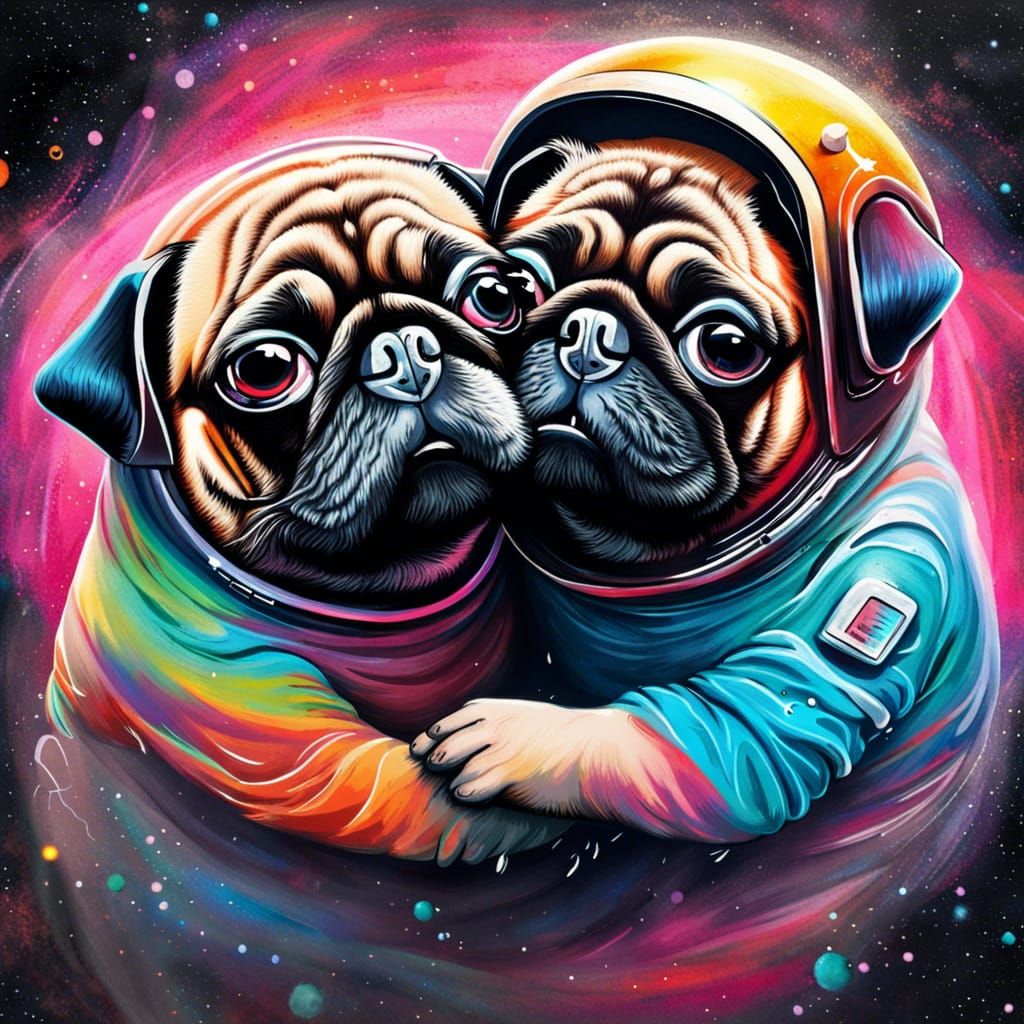 Pugs Hugging in Space: Graffiti Splash Art