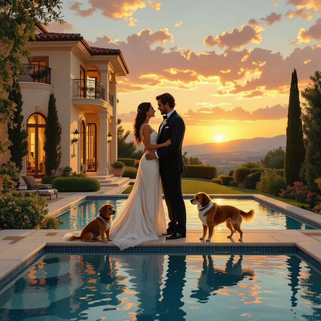 Happy Couple in Elegant House with Garden, Art Nouveau Style