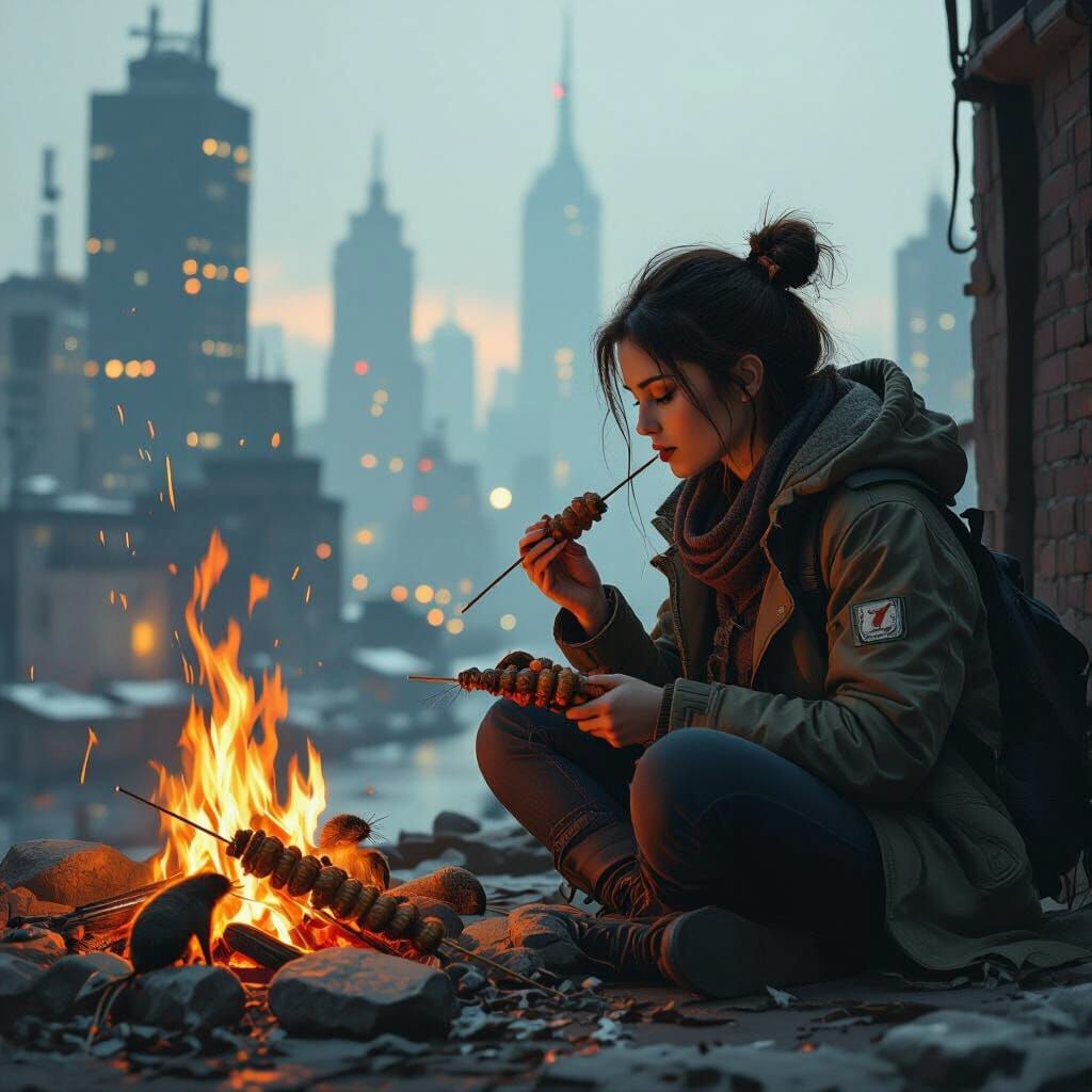 Post-Apocalyptic Feast: Woman and Roasted Rat Skewers
