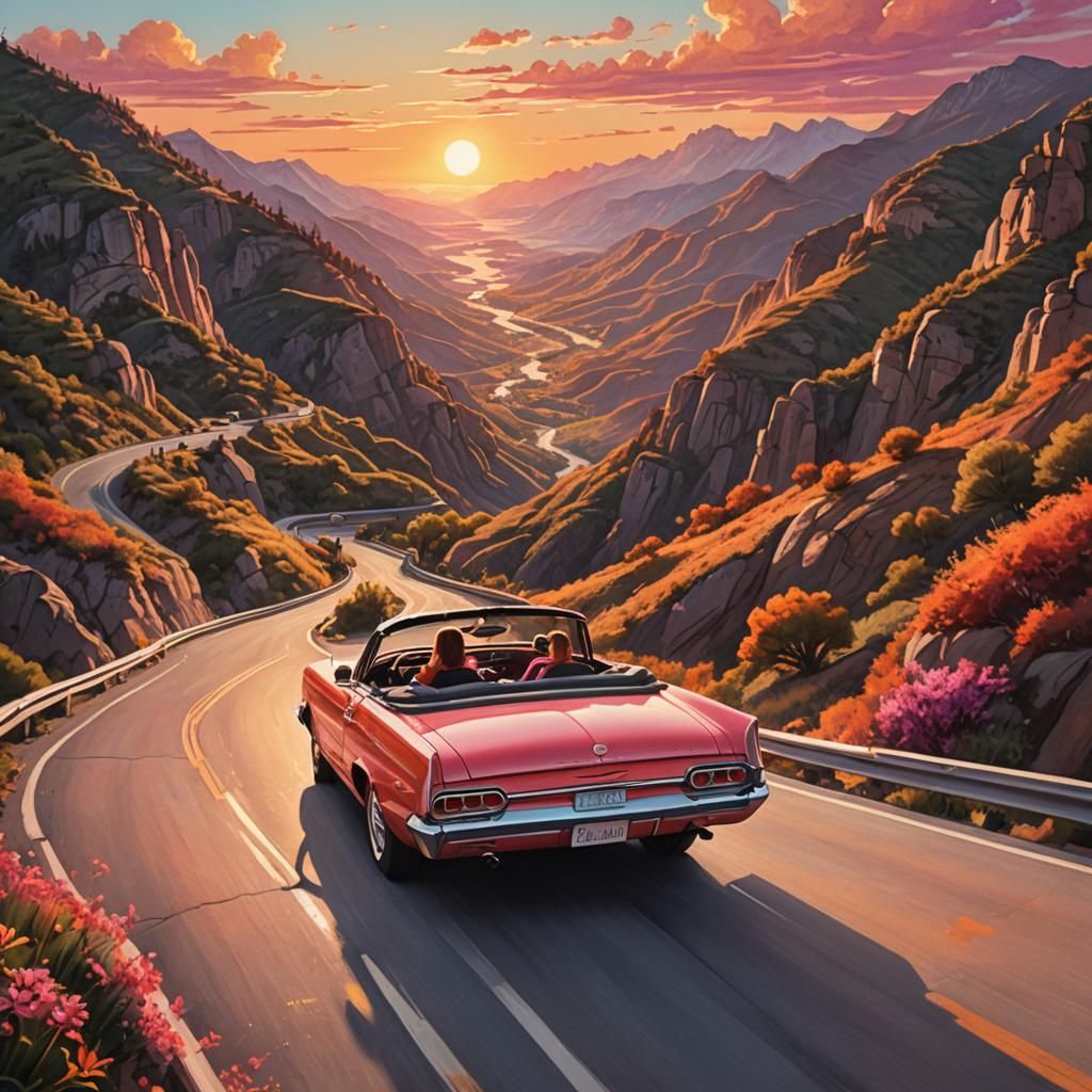 Sunset Drive in the Mountains: Hyperrealistic Car Scene