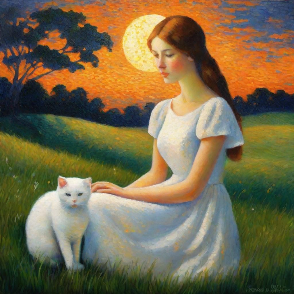 Girl and Cat Gazing at Moon as Neo-Impressionist Painting