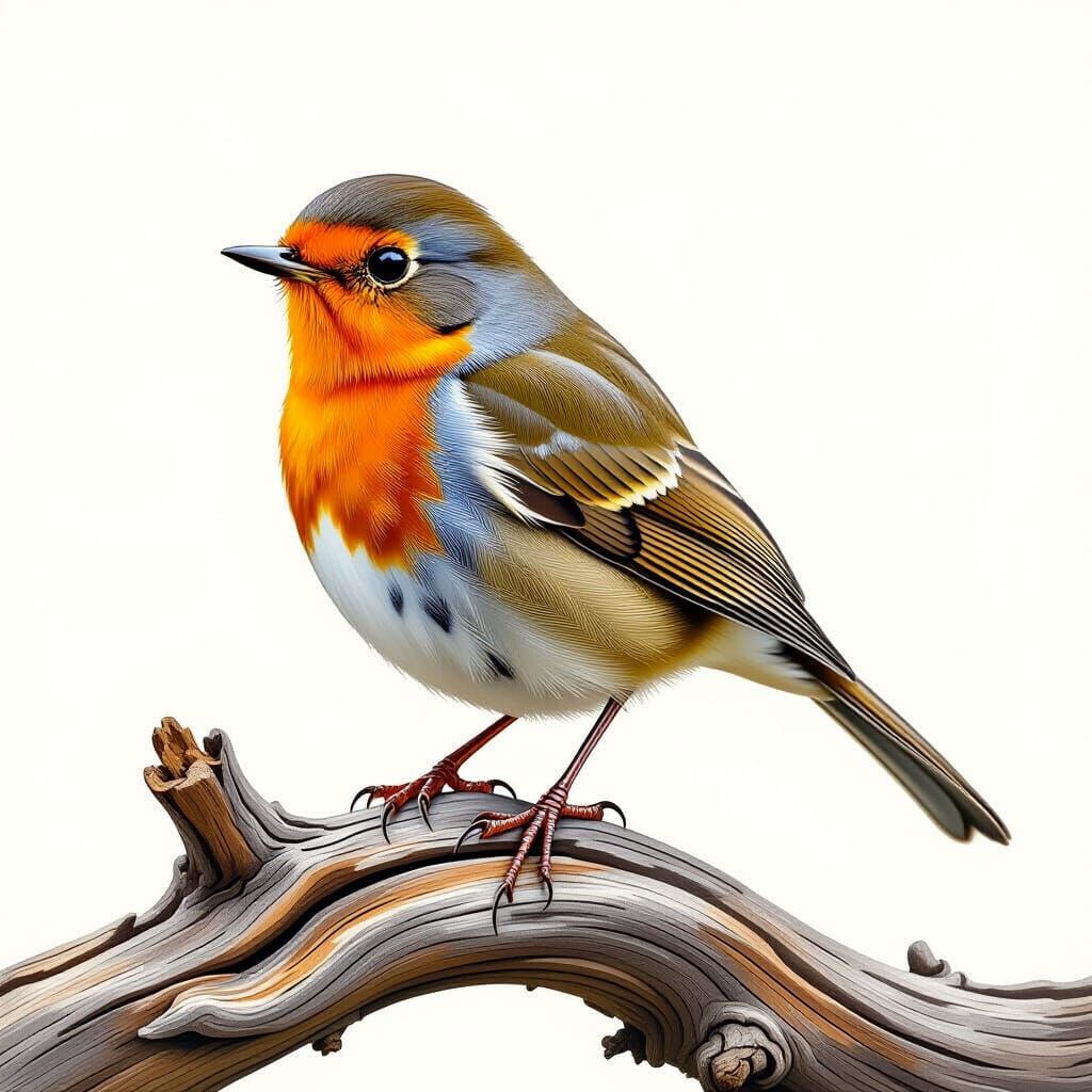 Realistic European Robin on Oak Branch - Detailed Digital Pa...
