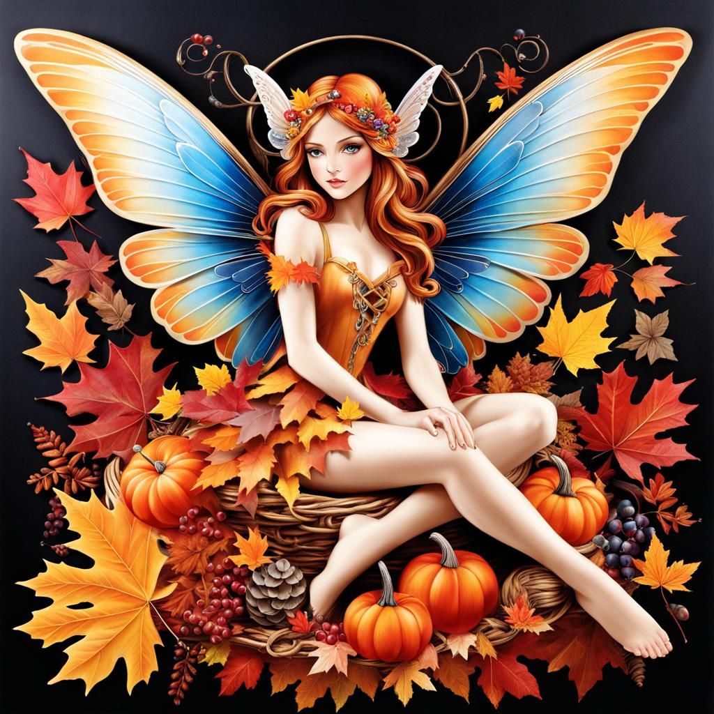 Autumn Fairy with Cornucopia in Gouache Style