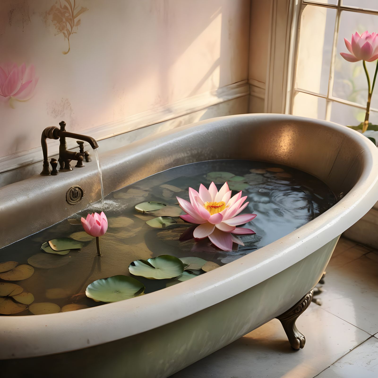 Lotus Flower in Antique Bath Tub with Bronze Feet