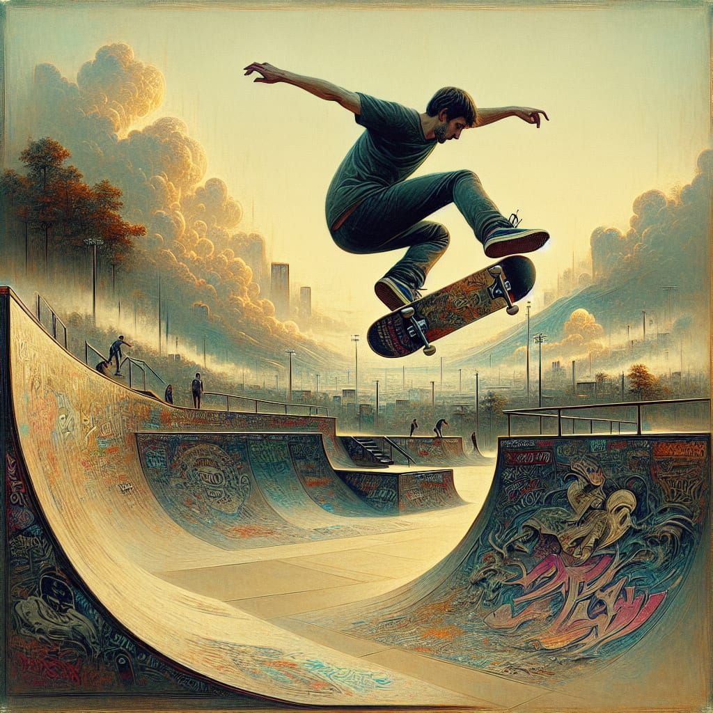 A skateboarder doing a frontside 180 kickflip on a ramp that...