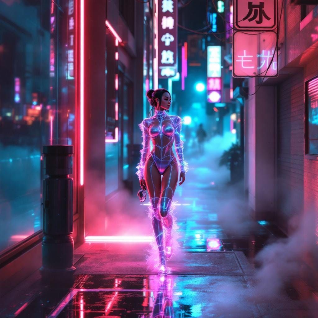 Chrome Futurism Figure in Vaporwave Cityscape