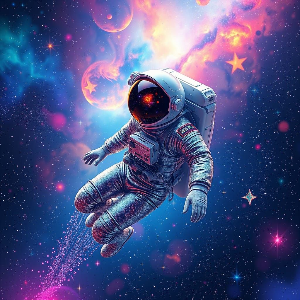 Astronaut in Vibrant Cosmic Galaxy