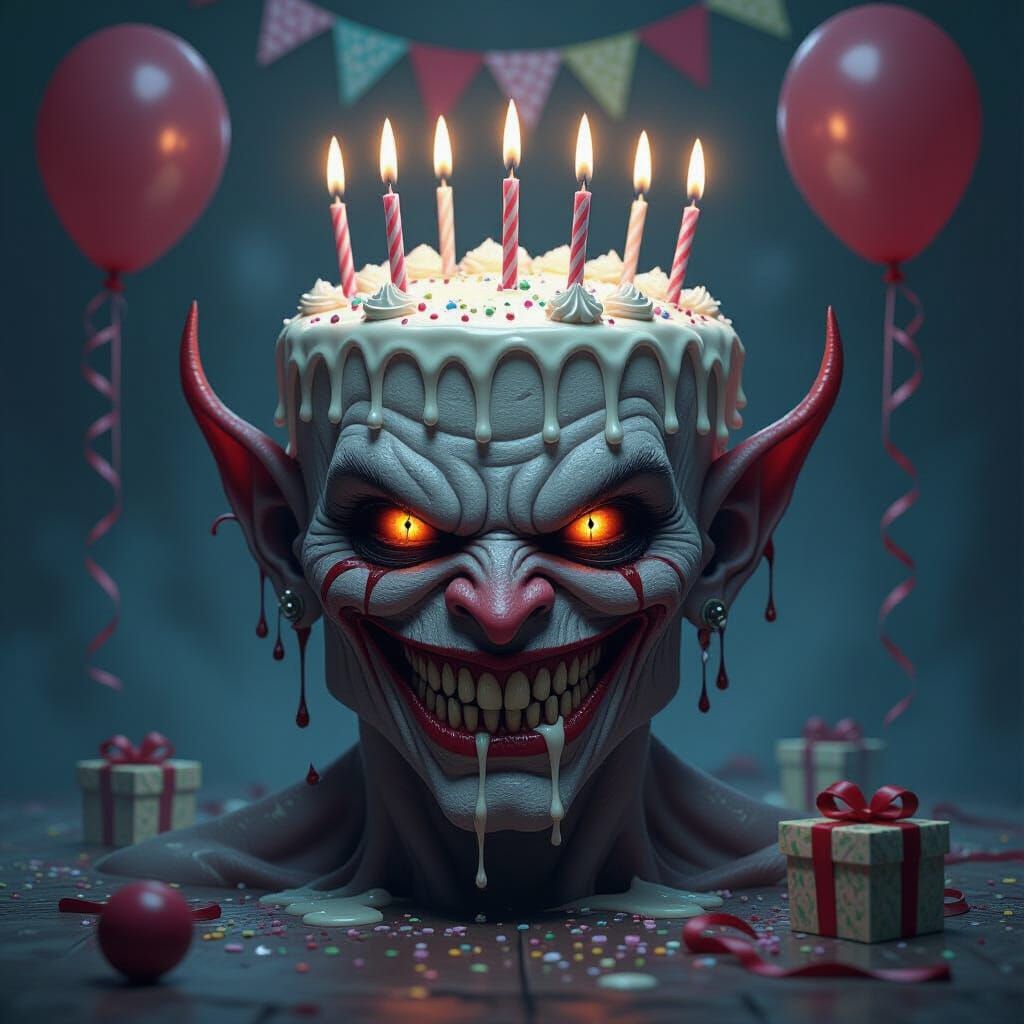 Mischievous Cake Demon with Glowing Candles