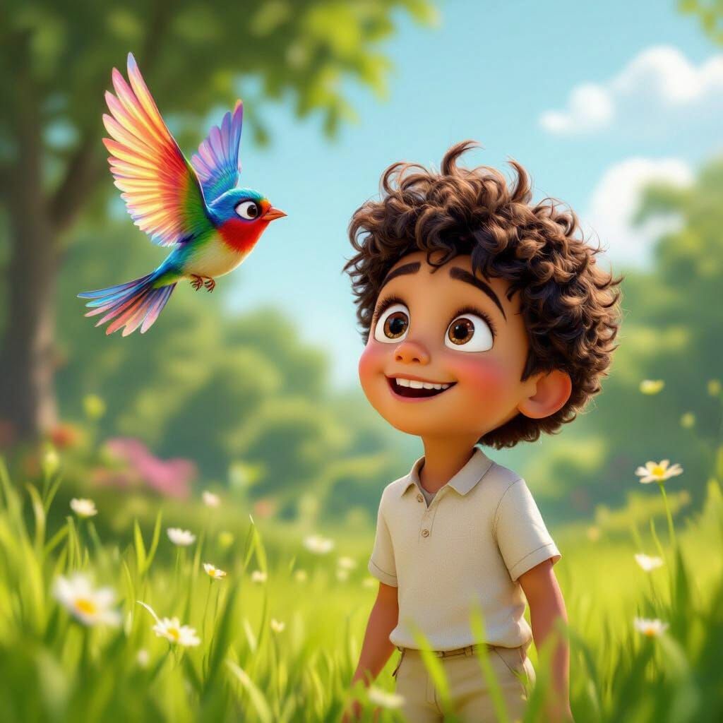 Boy and Colorful Bird in 3D Disney Pixar Style
