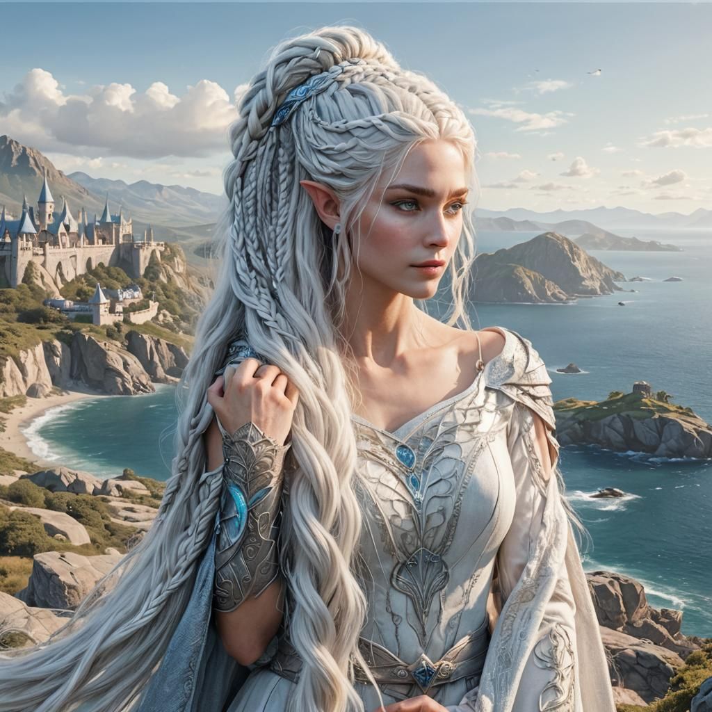 Hyper-realistic beautiful elven female with long white braid...