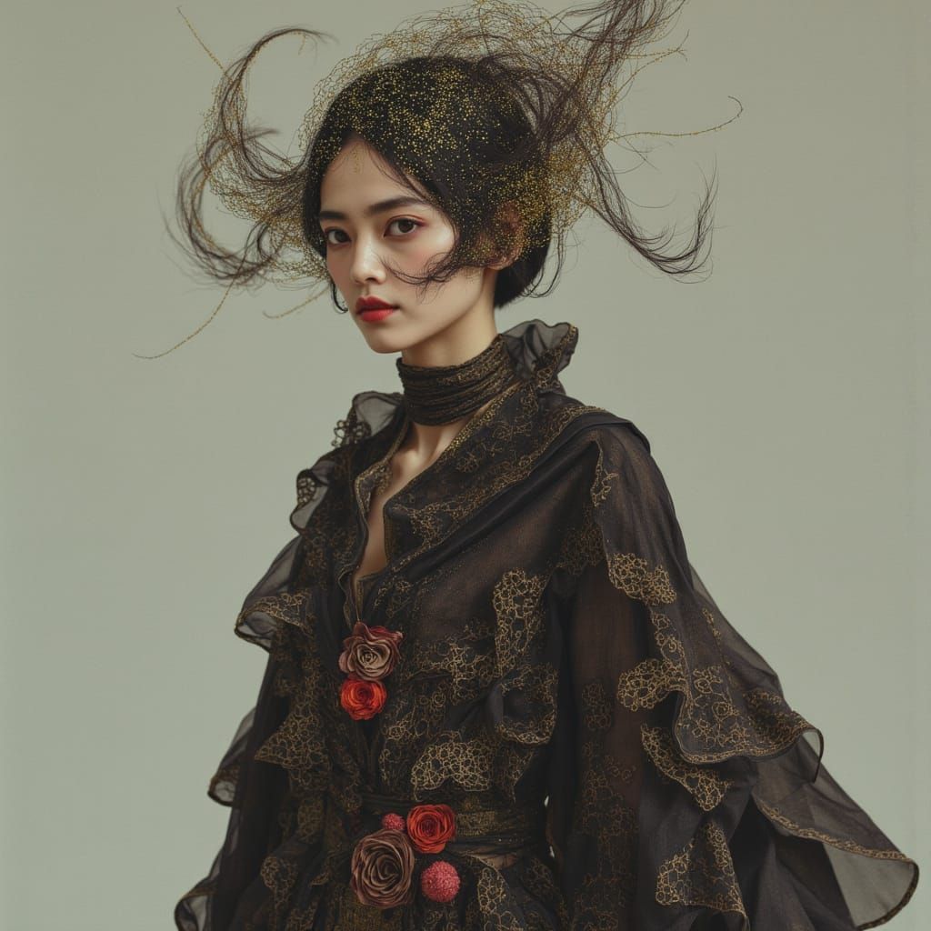 Woman in Flowing Robes and Dreamlike Masks