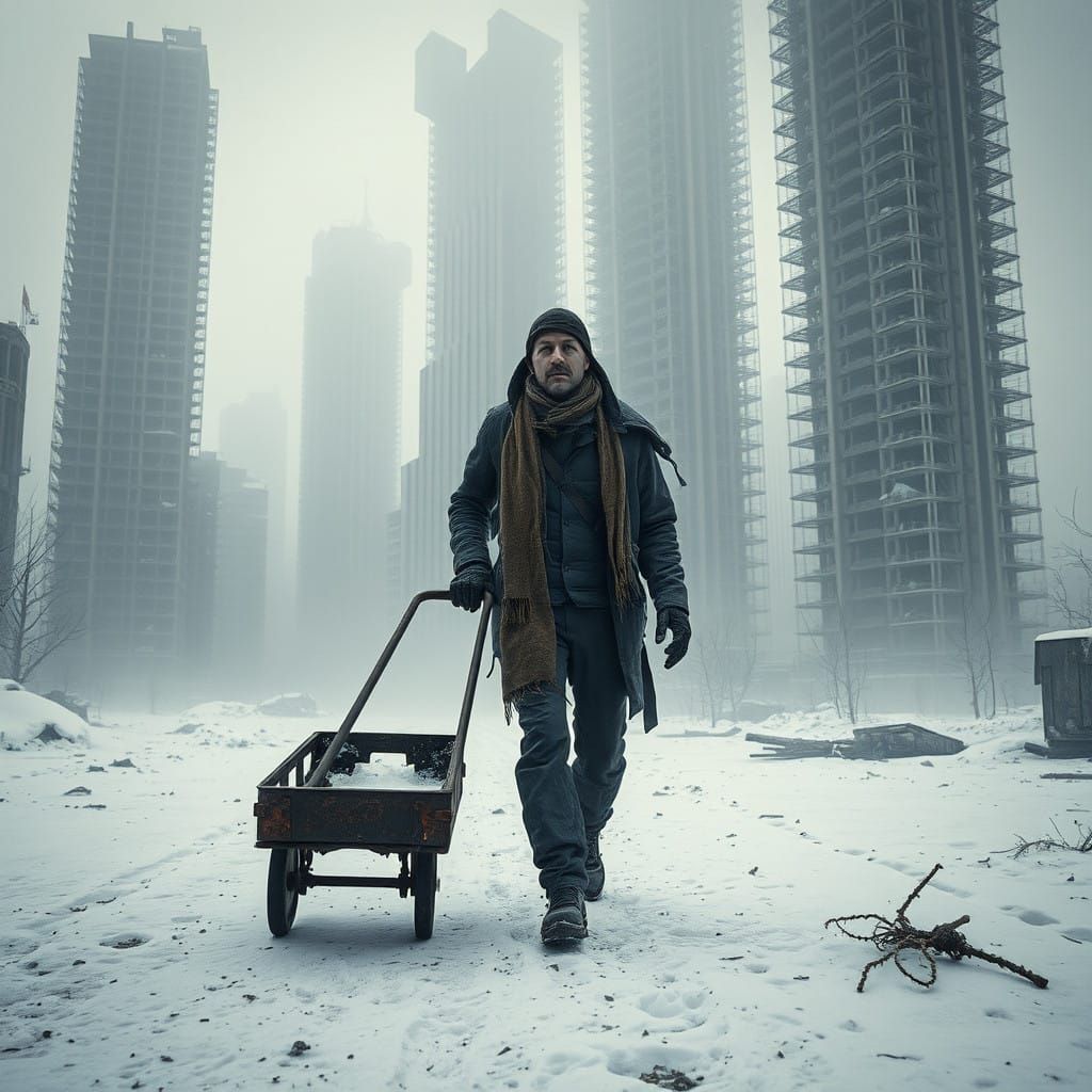 Post-Apocalyptic Winter Scene in a Desolate Urban Landscape