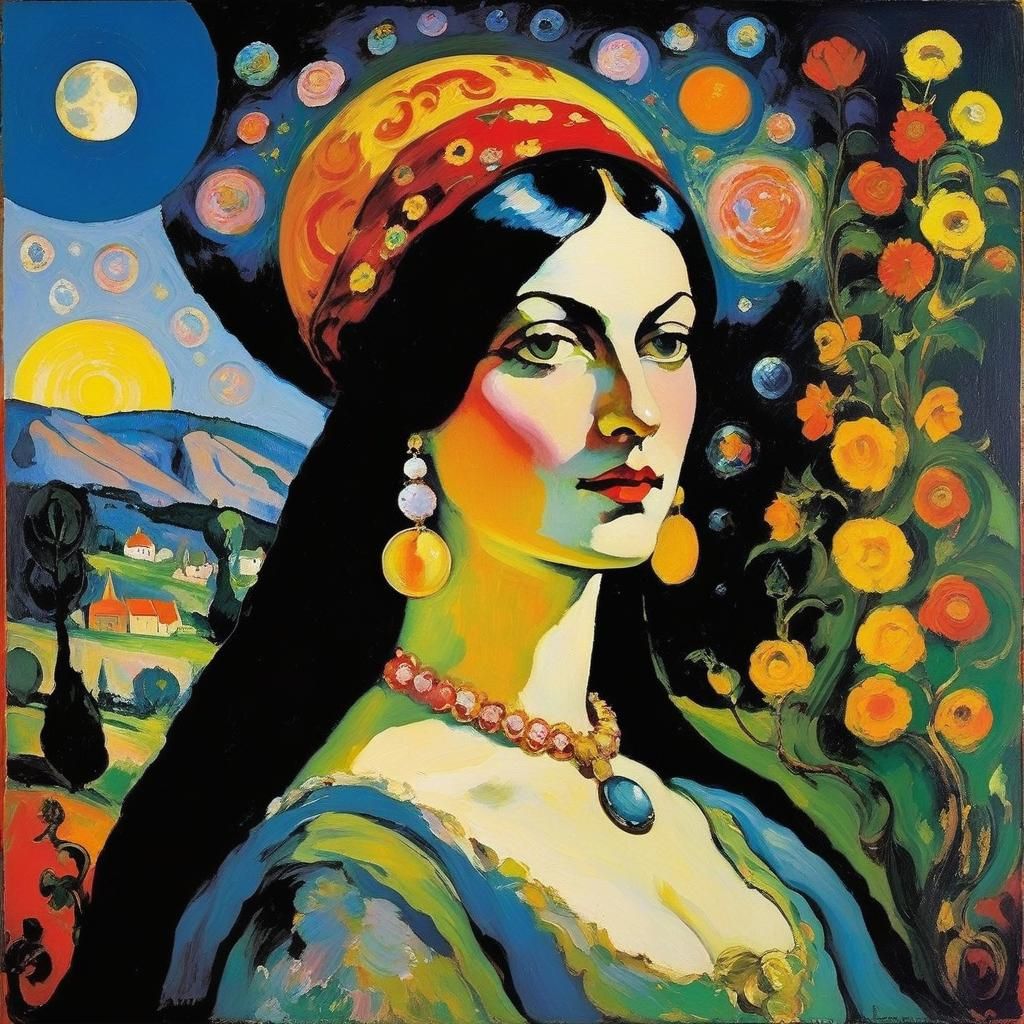 Mystical Moon Goddess in Naive Art Style