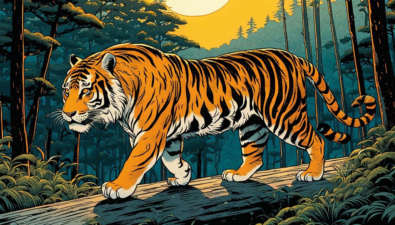 Tiger in Forest, Japanese Woodblock Print Style