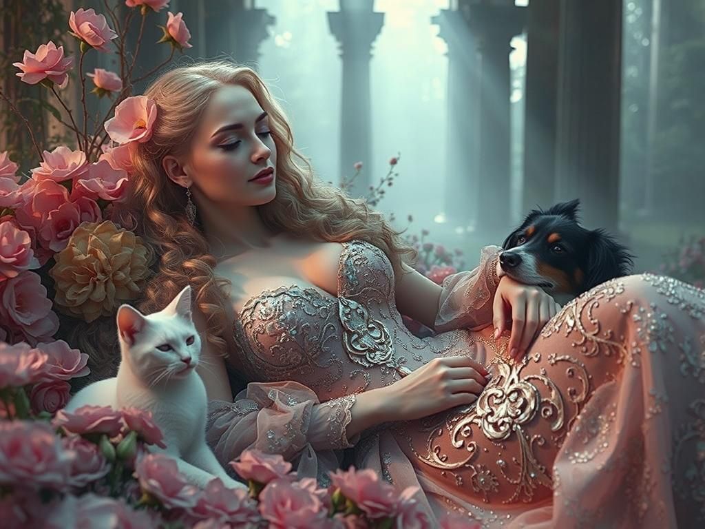 Fairytale Princess with Cat and Dog in Floral Setting