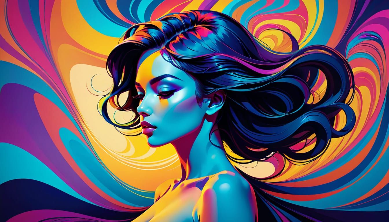 Minimalist One-Line Art: Sensual Model in Psychedelic Colors