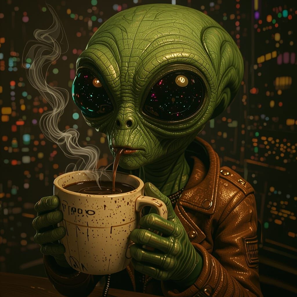 Alien Coffee Lover in Futuristic Cityscape