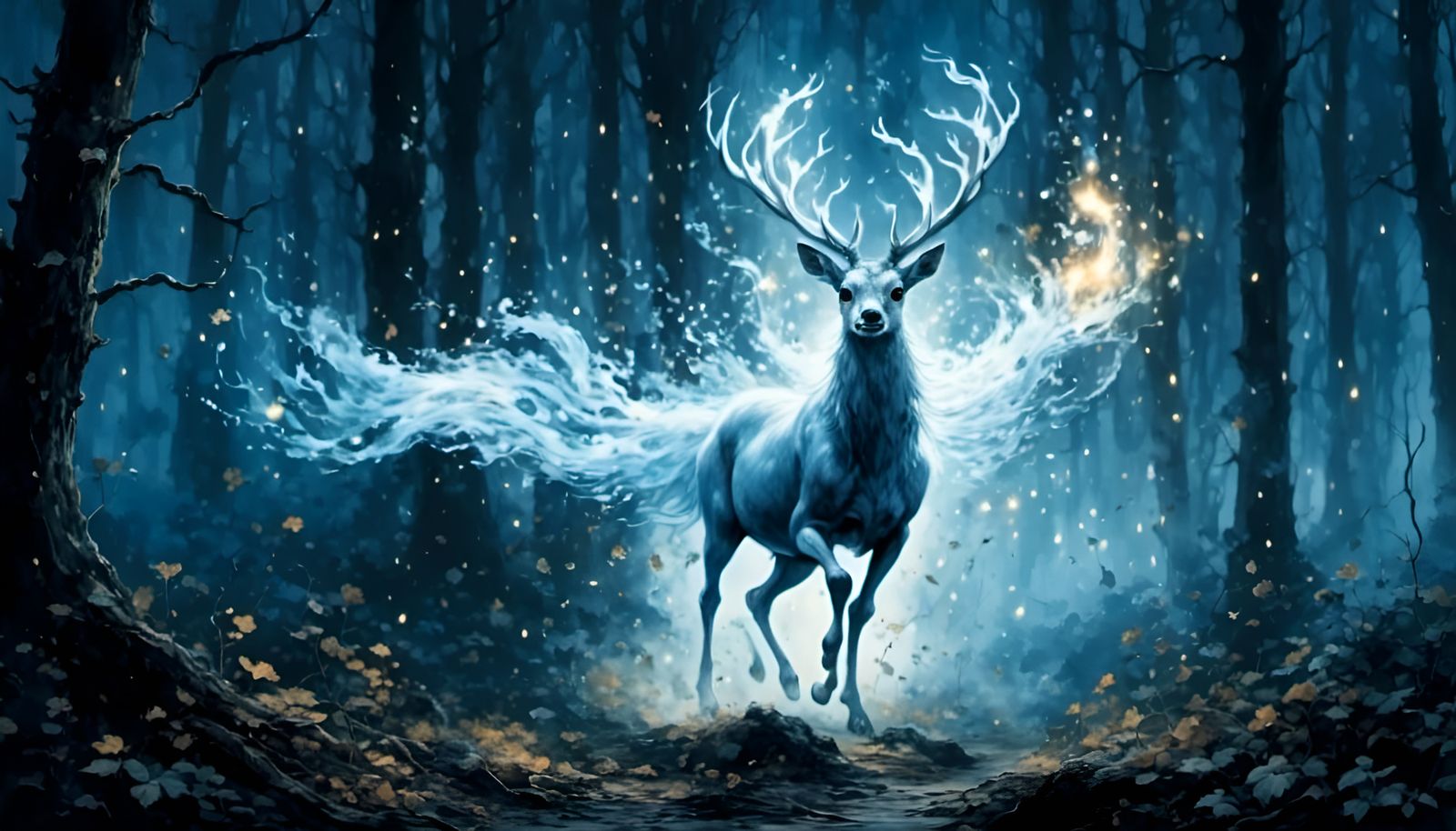 Translucent Deer Spirit in Night Forest, Digital Art