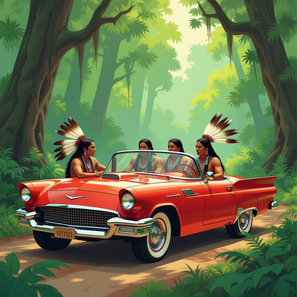 Native Americans in Vintage Car, Futuristic Art