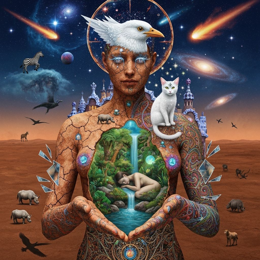 Surreal Bioluminescent Oasis and Cosmic Traveler