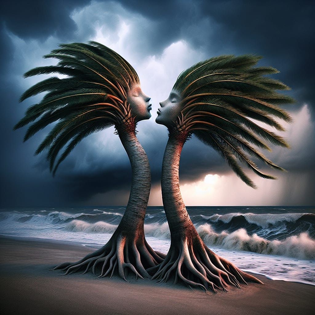 Stormy Beach Palm Trees Express Affection