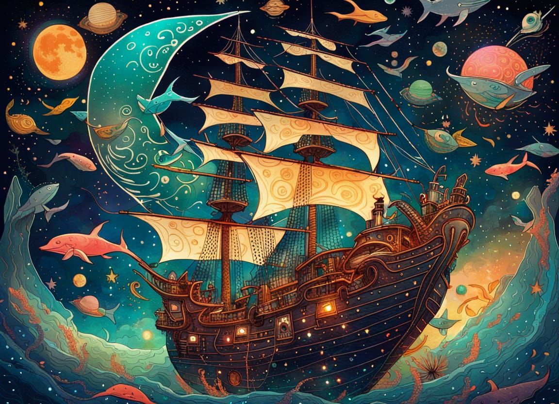 Pirate Ship Soaring Among Flying Whales in Space