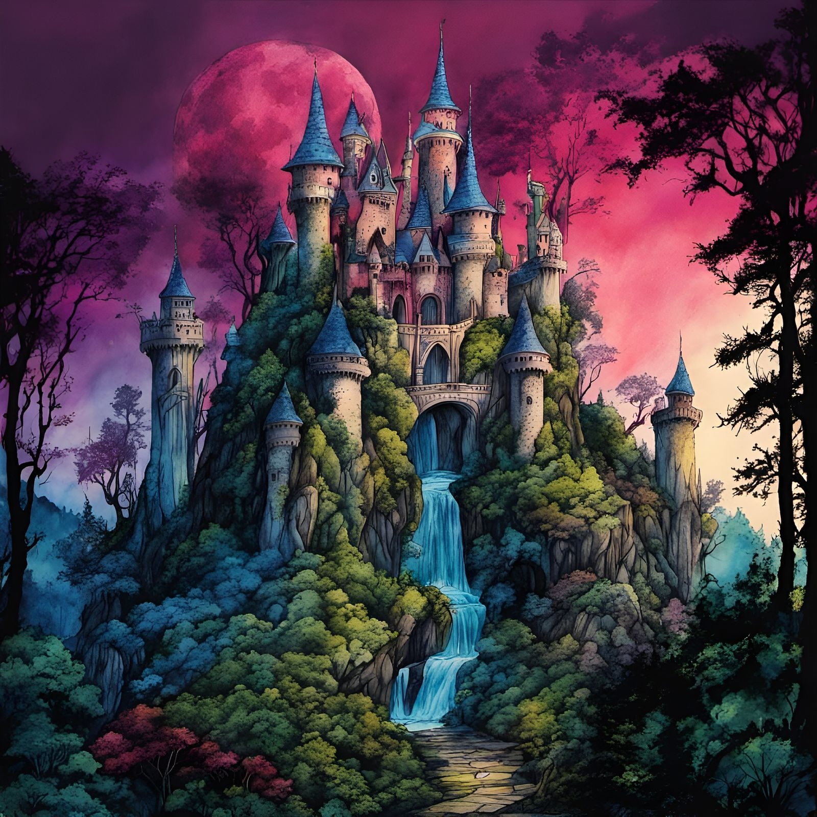 Dark faerie castle in a fantasy enchanted forest