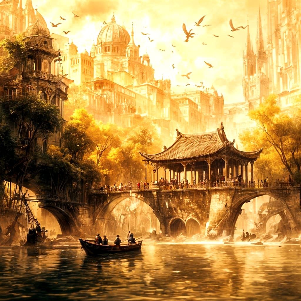 Impressionistic Chinese Landscape with Golden Tones