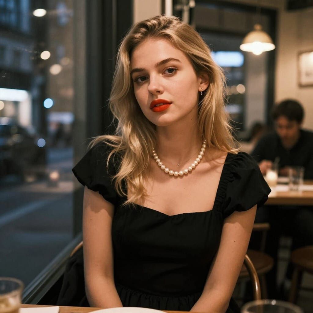 Elegant Woman at Night Cafe, Realistic Lifestyle Photo