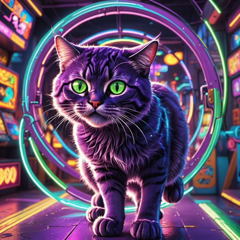 Purple Cat Jumps Through Hoop in Retro Arcade