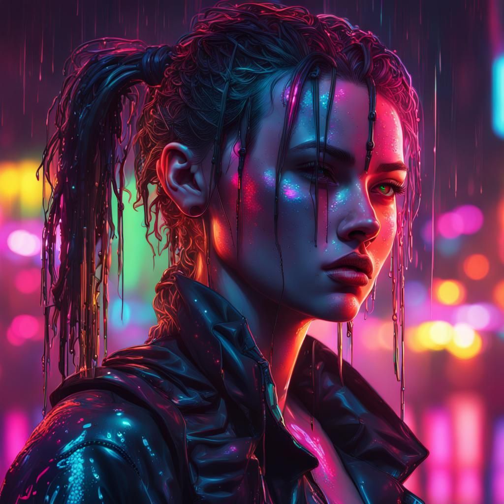 Cyberpunk Girl in Rainy Neon Cityscape