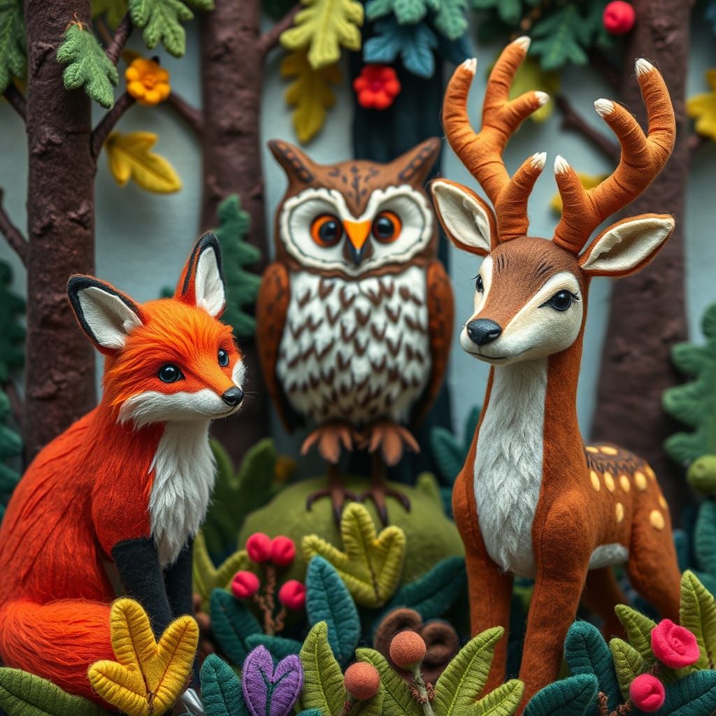 Whimsical Felt Forest Animals in Detailed Felt Artistry